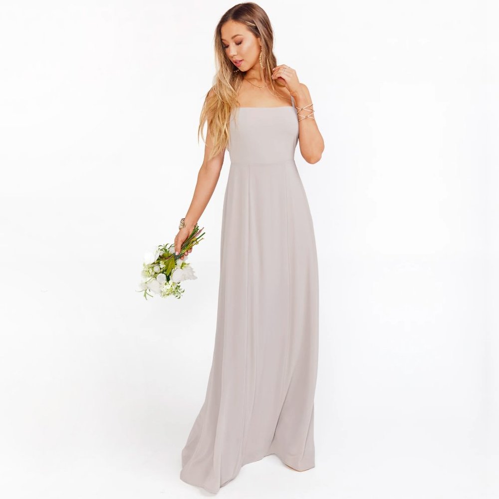 Show Me Your Mumu Lauren Tie Back Dove Grey Chiffon Bridesmaid Maxi Dress - Picture 5 of 16